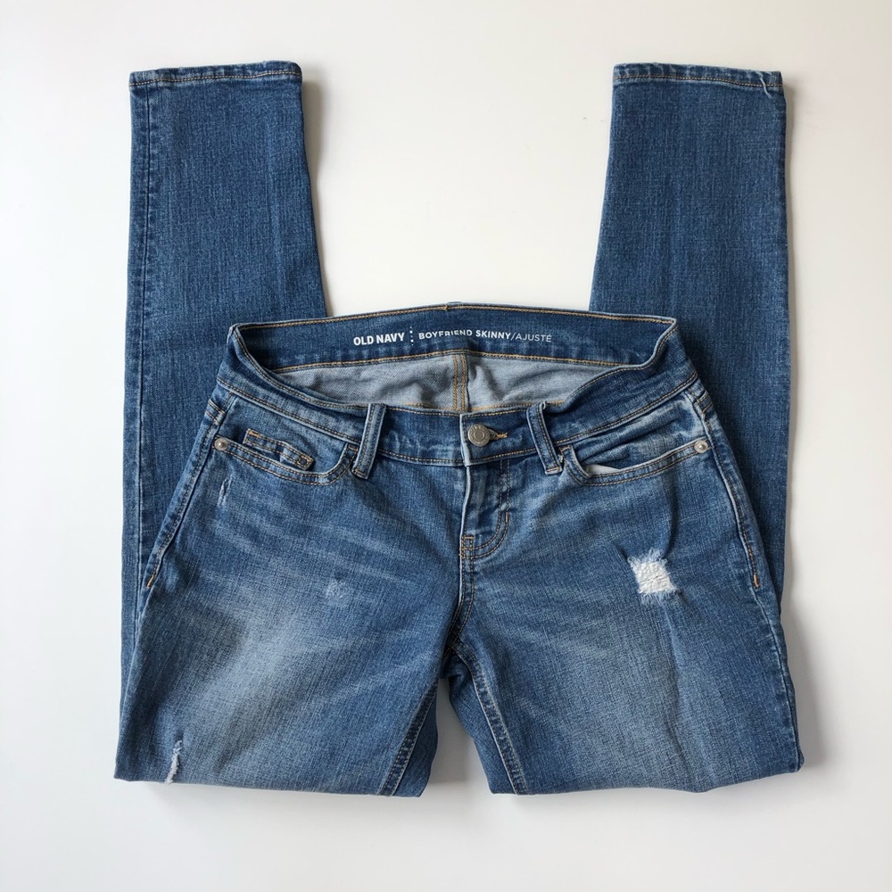 Old Navy Women's Blue Boyfriend Skinny Patched Distressed Stretch Jeans Sz 0